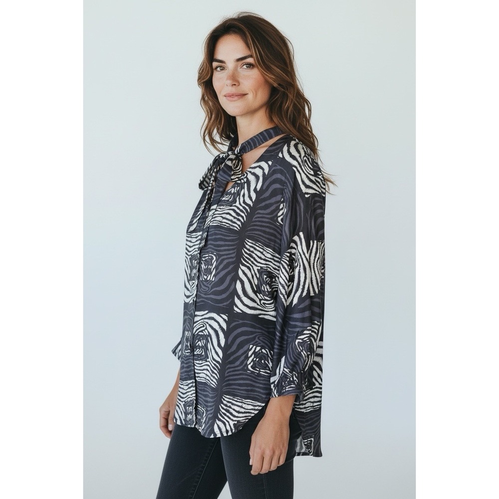 VTG Spiegel Silk Tunic Top Blouse Blackβ Abstract Art Dressy 90s Tie Neck XL 18